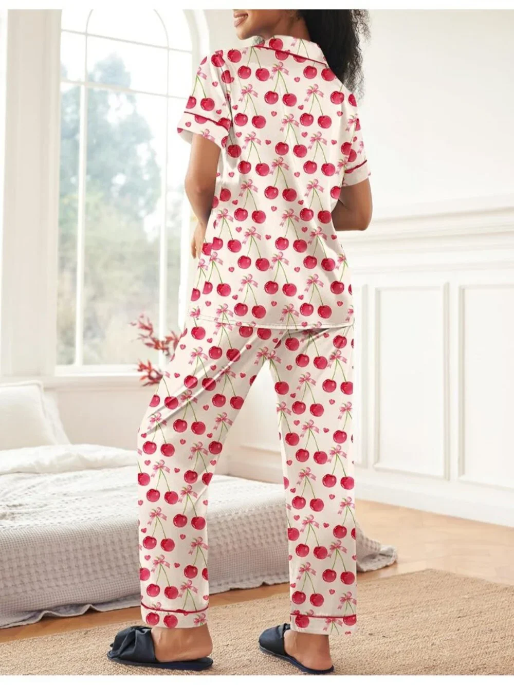 Women's Beige Polyester Short Sleeve Button Down Loungewear Satin Pajama Set